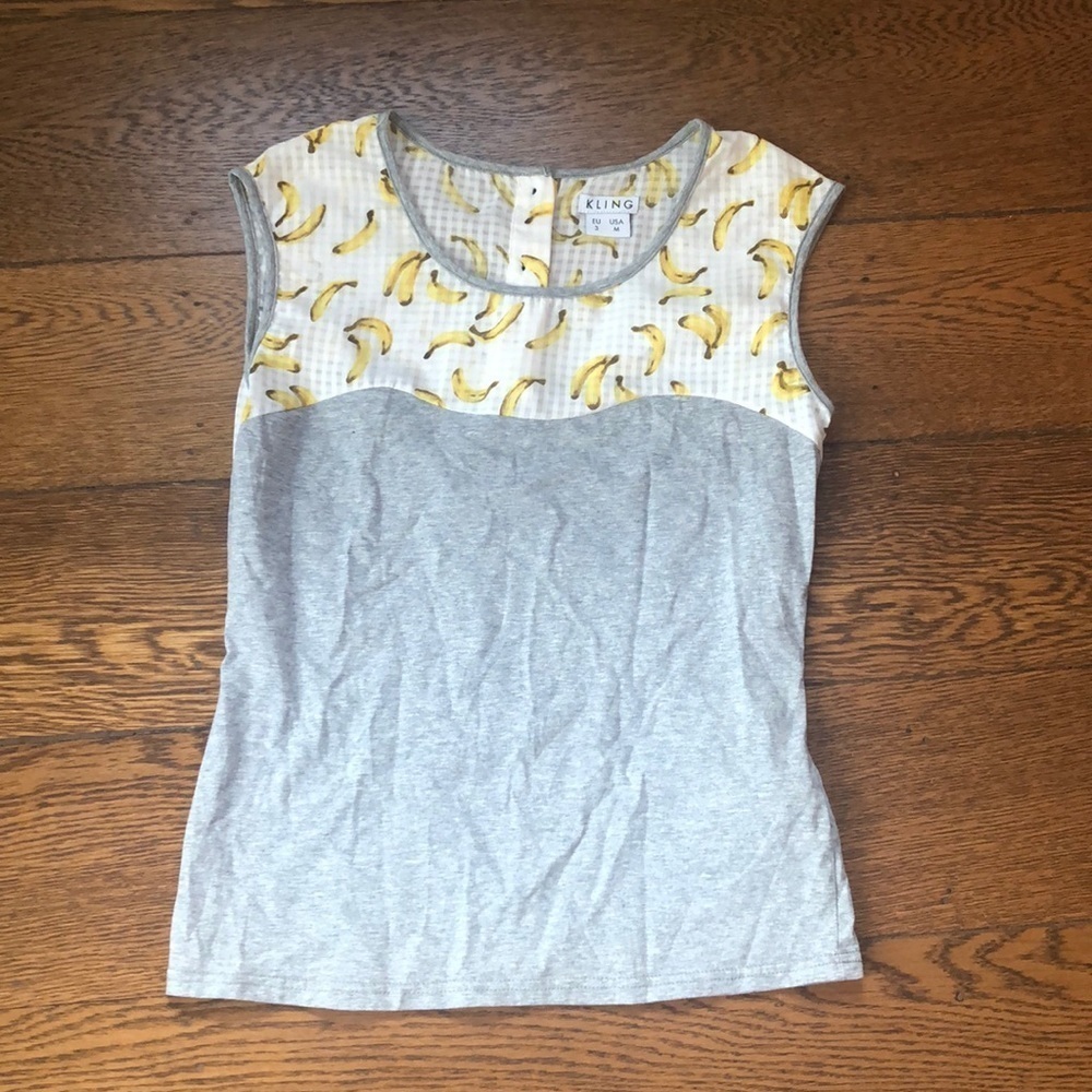 Kling Banana Print Mixed Media Sleeveless Top M